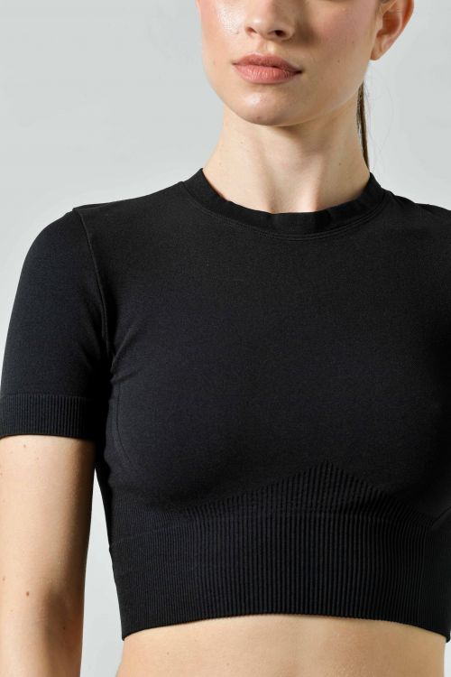 Maglietta Crop Sportiva Manica Corta con dettagli a Costine in Microfibra Seamless, Linea Ilena