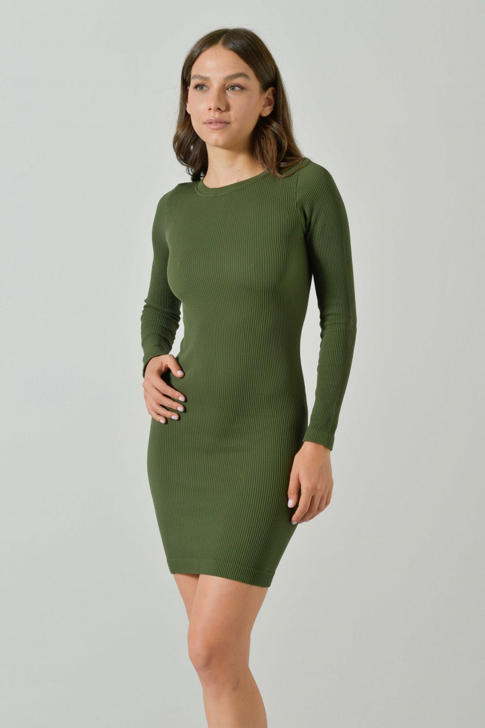 Abito Tubino Manica Lunga a Costine in Microfibra Seamless, Linea Sara