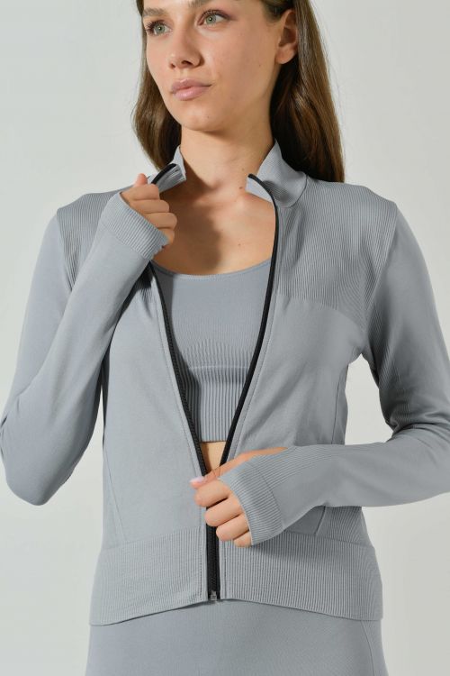 Felpa Sportiva con Zip con dettagli a Costine in Microfibra Seamless, Linea Ilena Limited Edition
