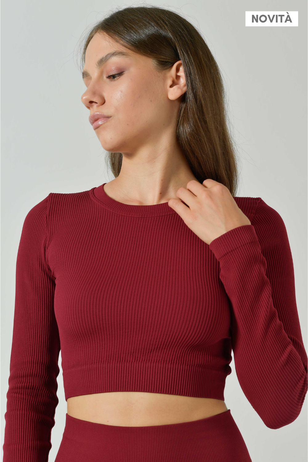 Long Sleeve Seamless Microfiber Ribbed Crop Top, Sara Collection