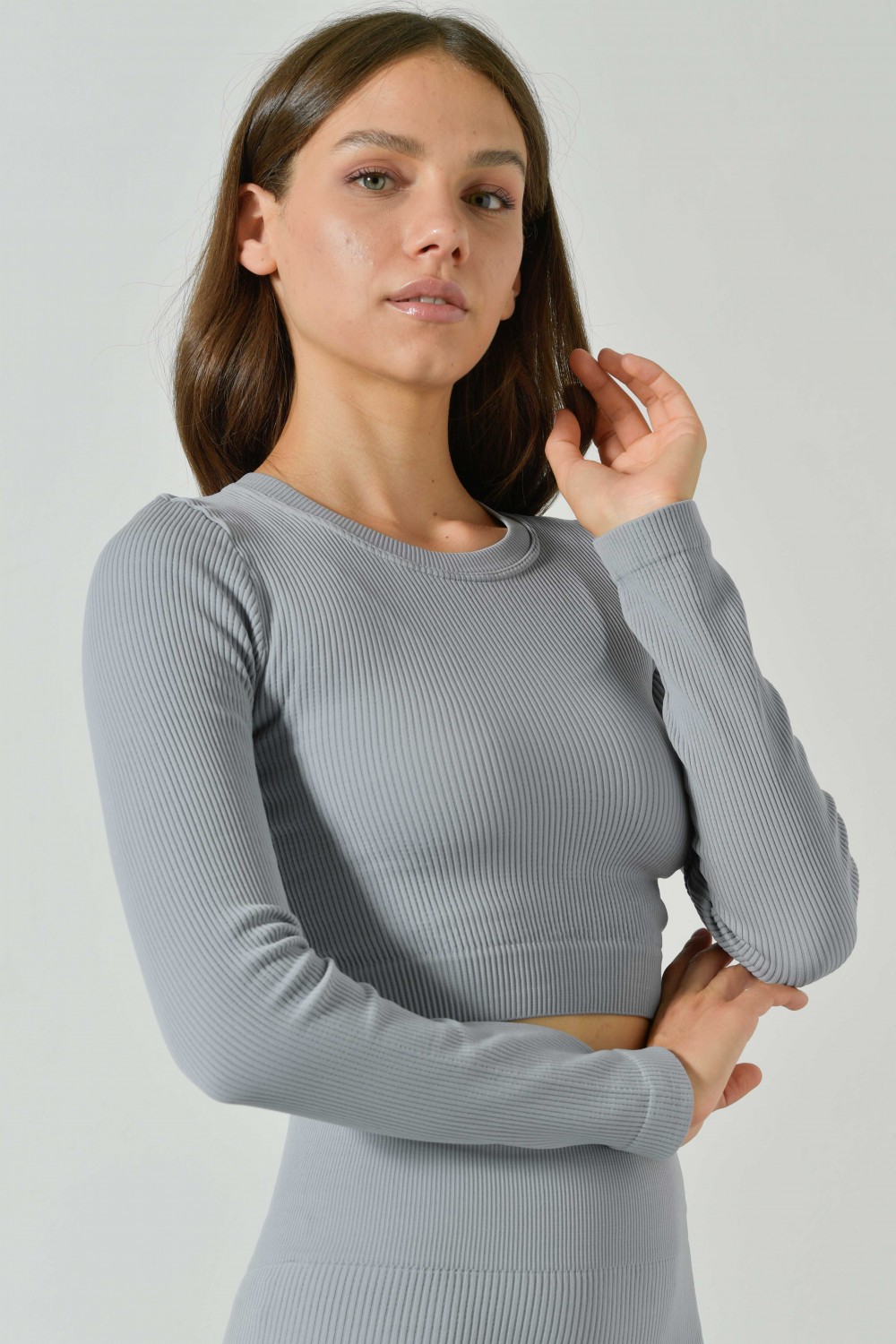 Long Sleeve Seamless Microfiber Ribbed Crop Top, Sara Collection